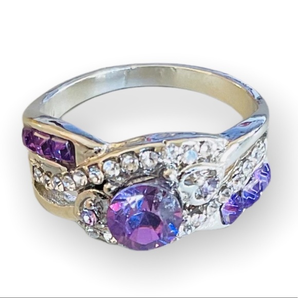 925 Sterling Silver  Amethyst Lilac Ring Vintage Pave Clear Cut - Picture 1 of 8